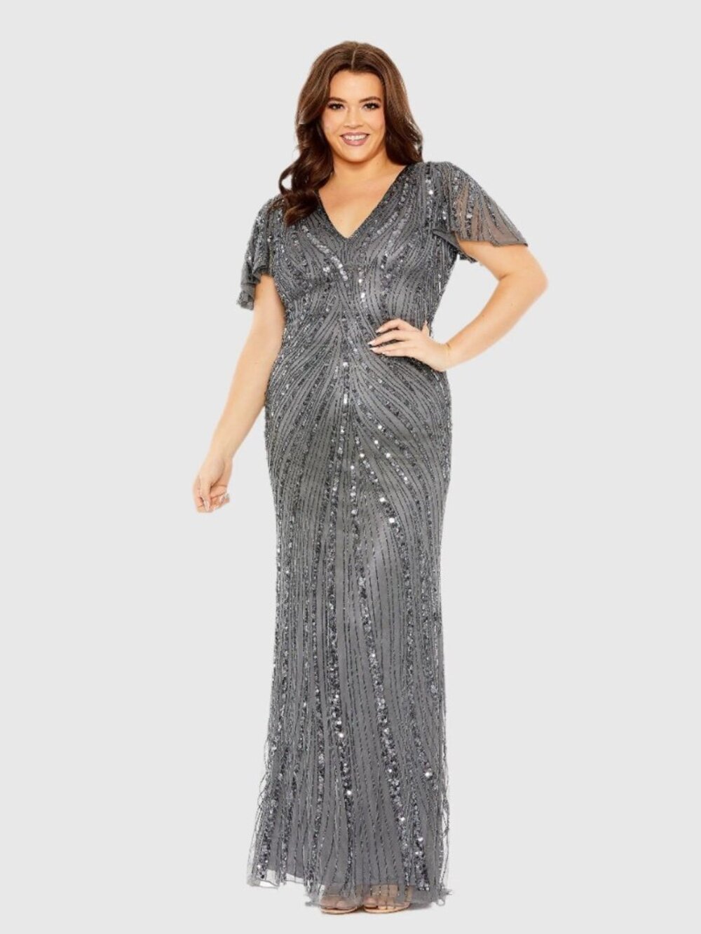 New Mac Duggal Size 18 Gray 5945 Flutter Sleeve Embellished Gown Formal Dress